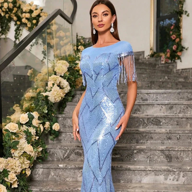 Abendkleid mit Pailletten Blau Schulterfransen