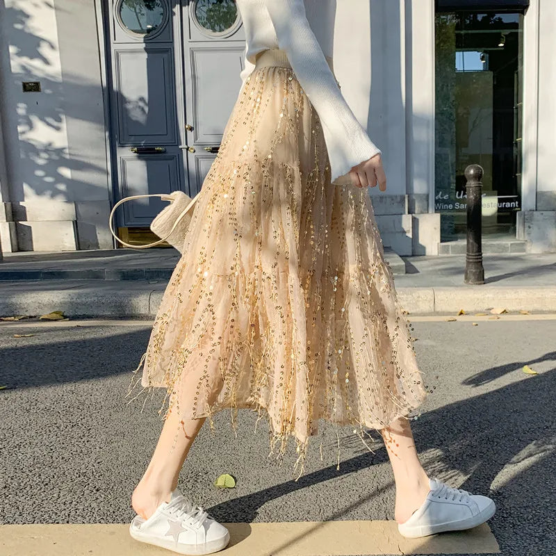 hohe Taille Paillettenkurzrock mit Fransen