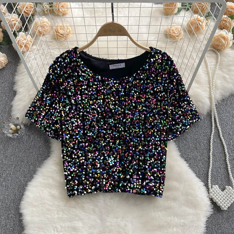 Kurzes Pailletten-T-Shirt für Damen