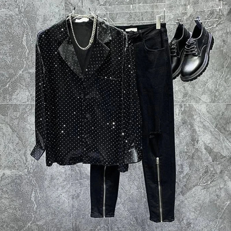 Schwarzes Herrenhemd mit Strass, Blazer-Stil