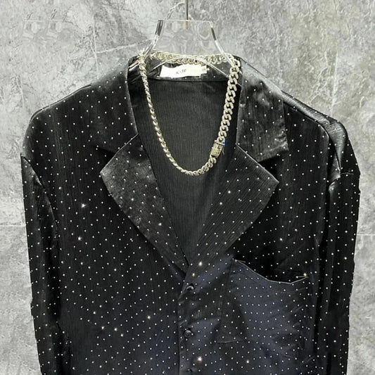 Schwarzes Herrenhemd mit Strass, Blazer-Stil