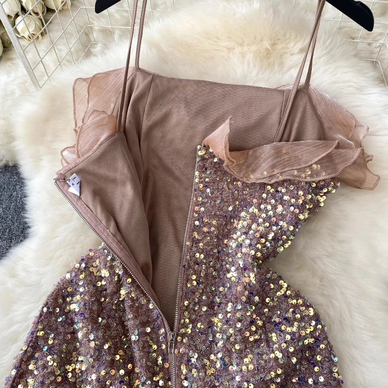 Paillettenkleid mit Trägern in Rosa Violett