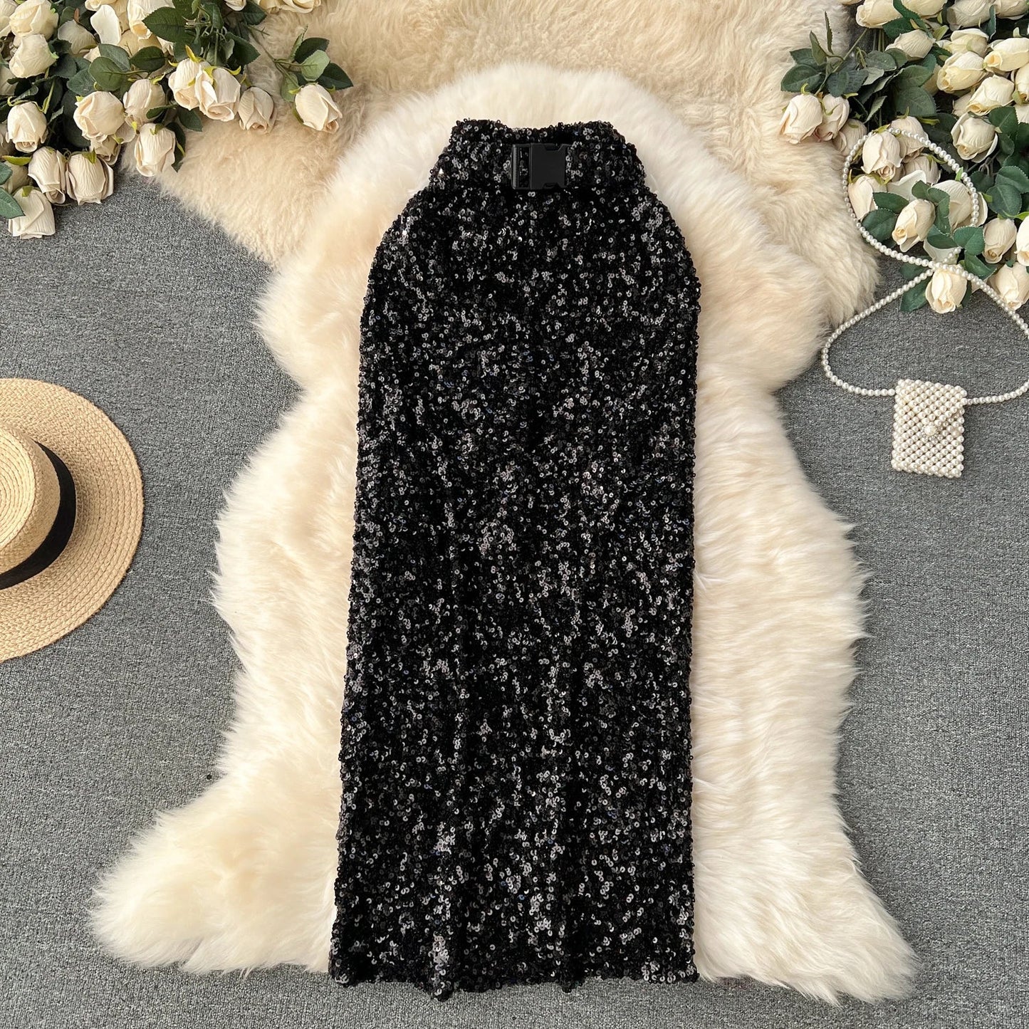 Midikleid mit Pailletten und Taille Gürtel