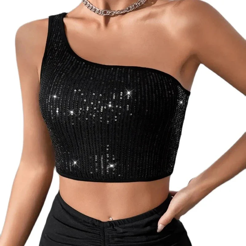 Top Crop Schwarze Pailletten mit einem Ärmel