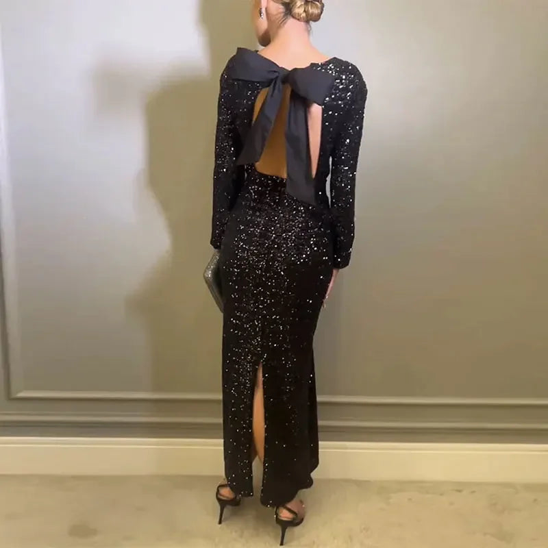 Abendkleid Schwarz Pailletten Rücken Schleife