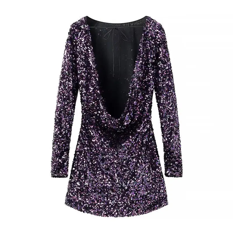 Damen Paillettenkleid Rückenfrei Violett