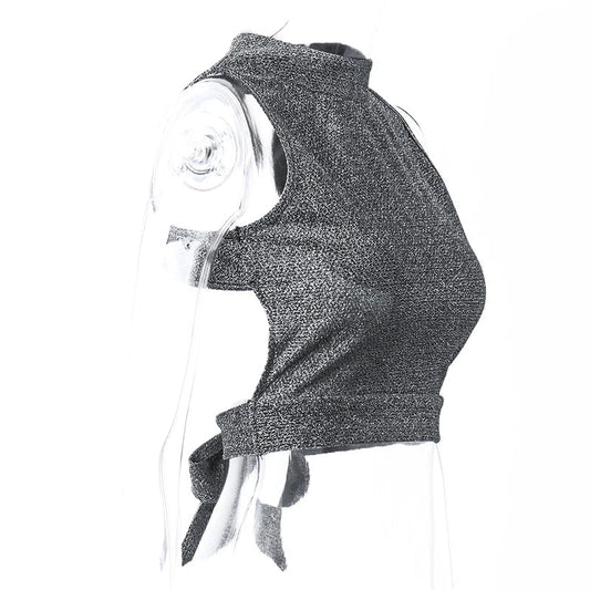 Top Crop Pailletten Grau Rückenfrei