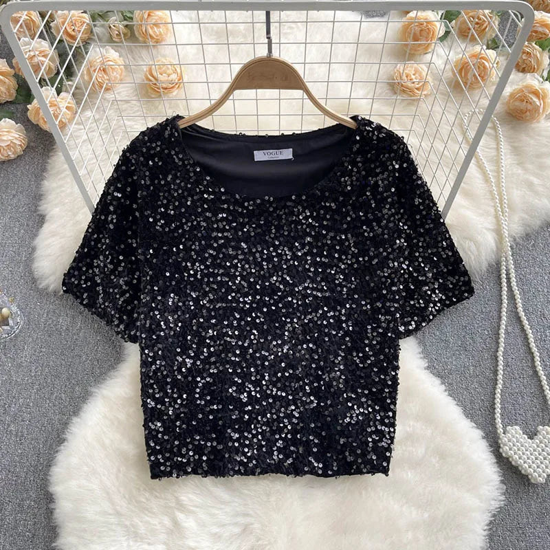 Kurzes Pailletten-T-Shirt für Damen