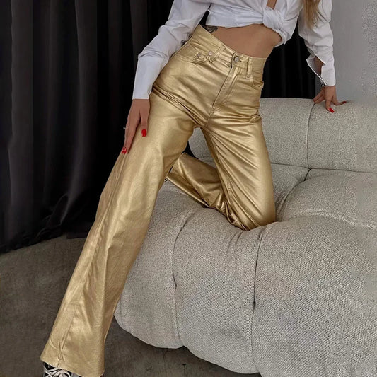 Goldene Damen High-Waist Hose
