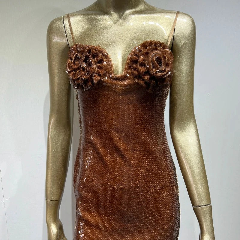 Braune Pailletten-Kleid mit Trägern
