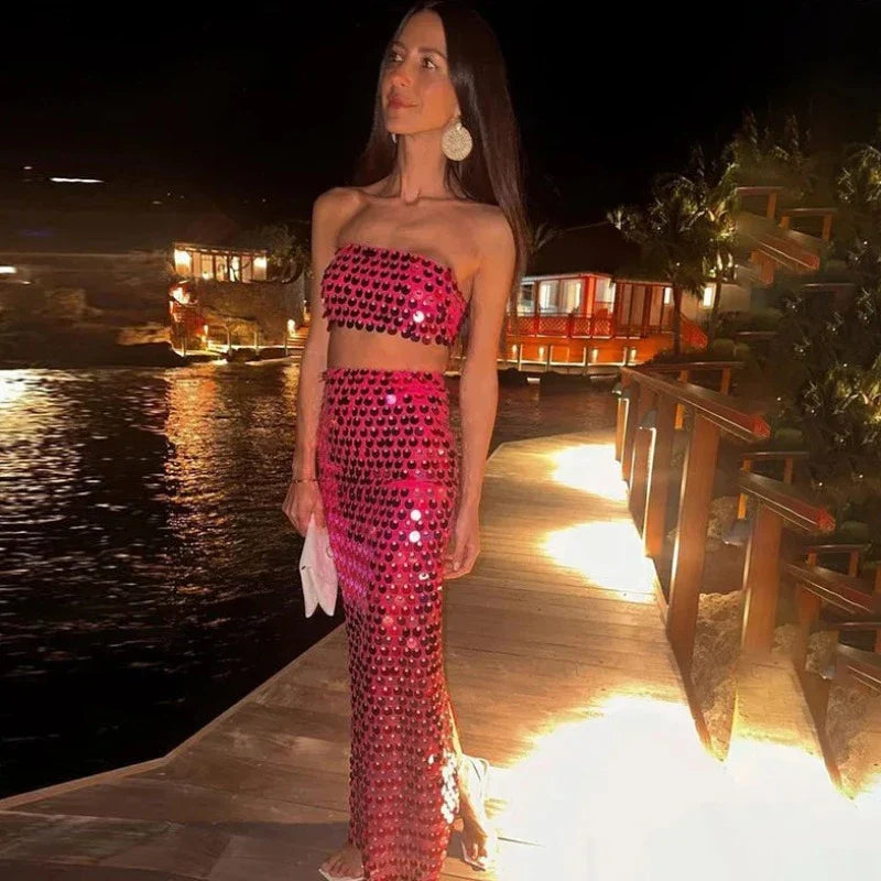 Jumpsuit mit Rock und Top aus Pailletten in Rosa
