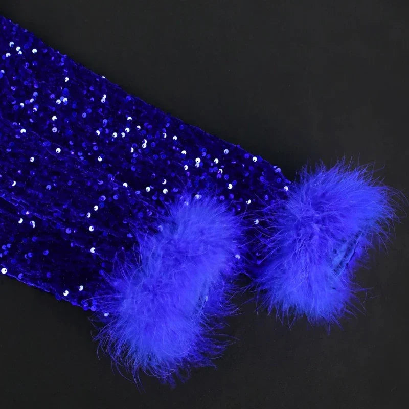 Abendskleid Pailletten Blau Pompons und Fransen