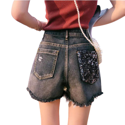 Kurze graue Jeans mit Pailletten für Damen