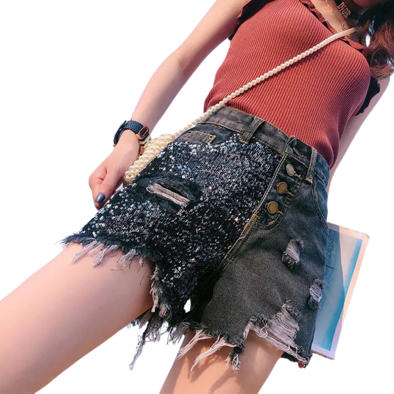 Kurze graue Jeans mit Pailletten für Damen