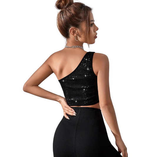 Top Crop Schwarze Pailletten mit einem Ärmel