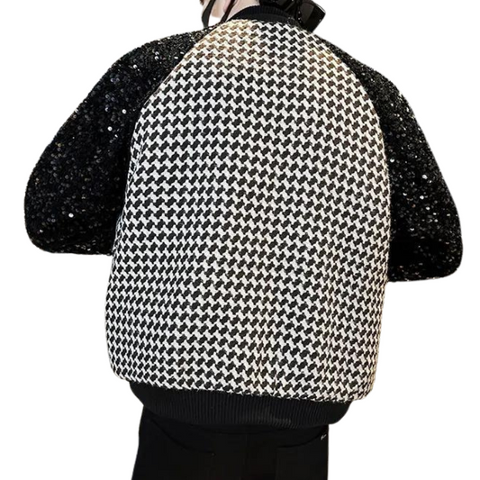 Bomberjacke Pailletten Herren Schwarz Weiß