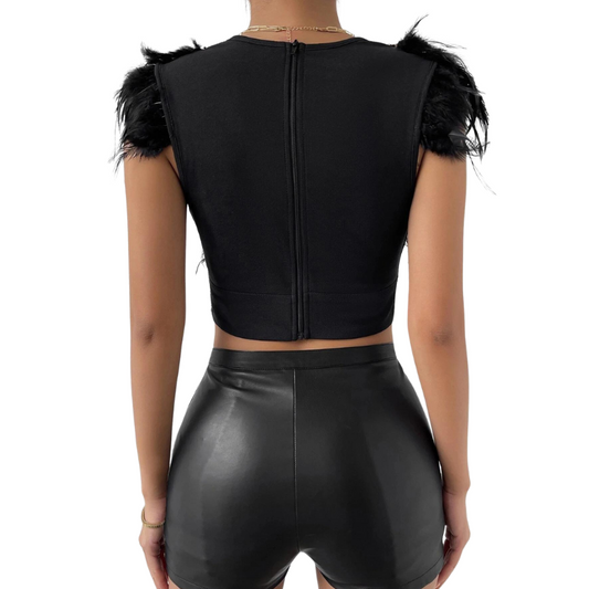 Top Crop Paillette Federn Ärmellos