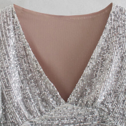 Top Paillettes Silber Langarm