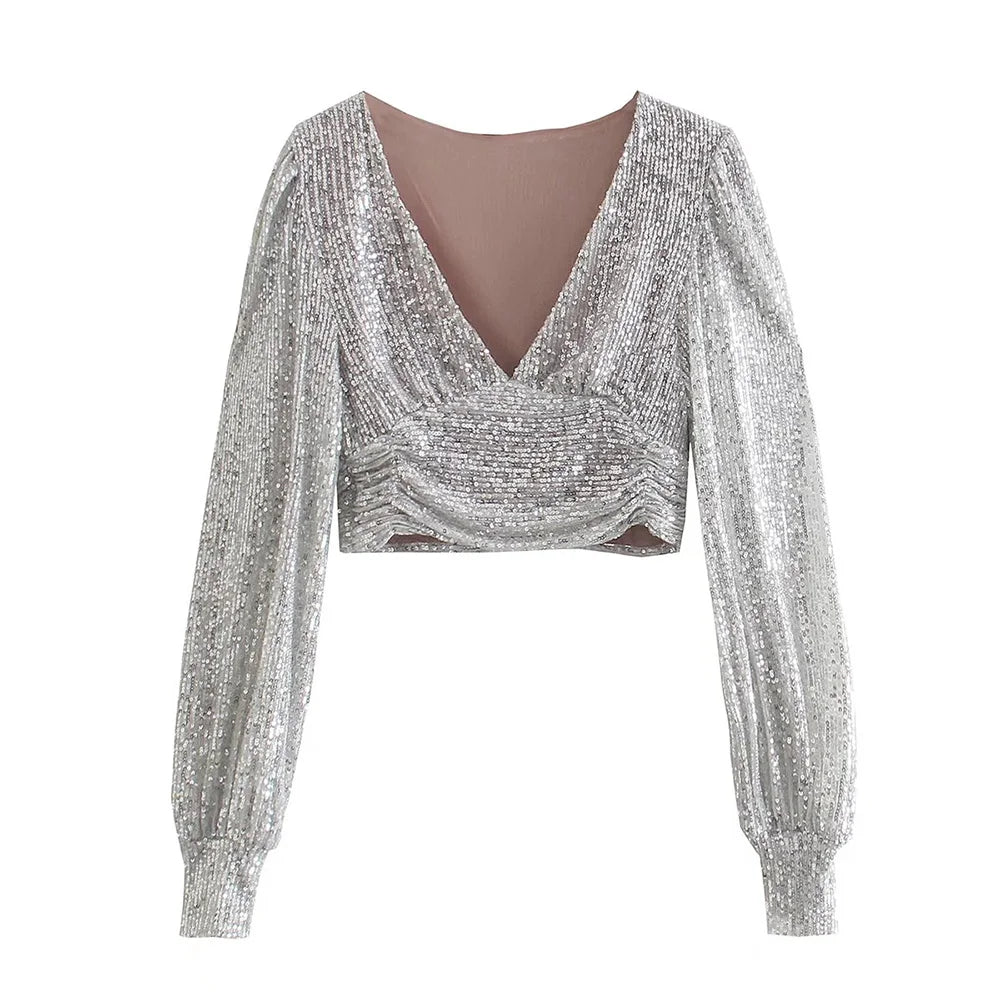 Top Paillettes Silber Langarm