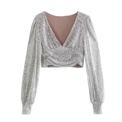 Top Paillettes Silber Langarm