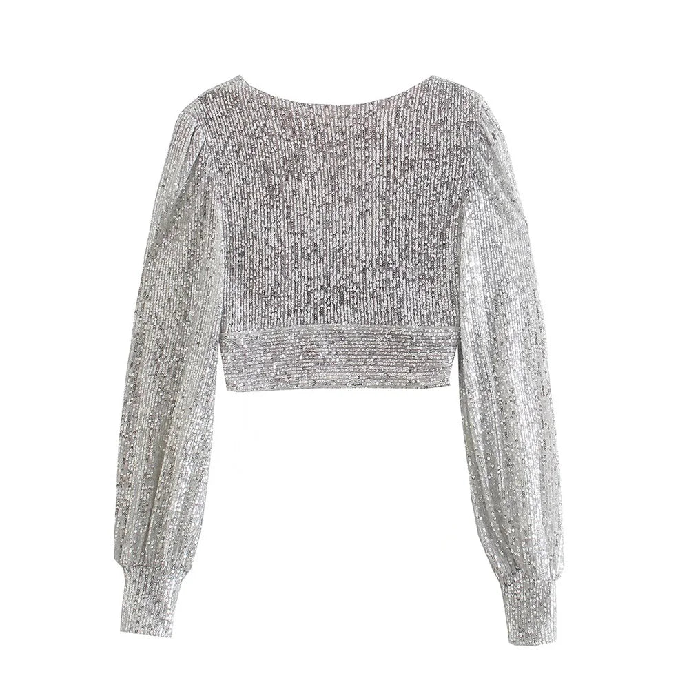 Top Paillettes Silber Langarm