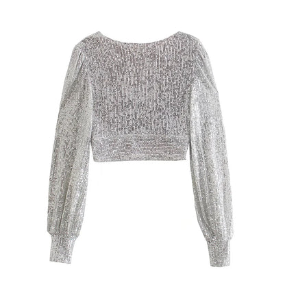 Top Paillettes Silber Langarm