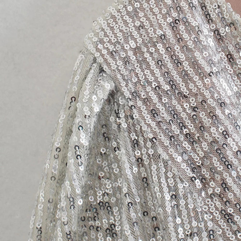 Top Paillettes Silber Langarm