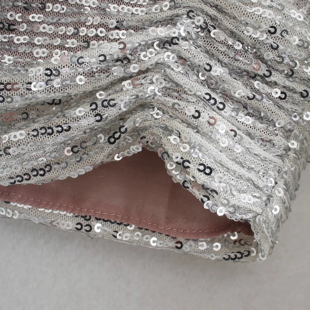 Top Paillettes Silber Langarm