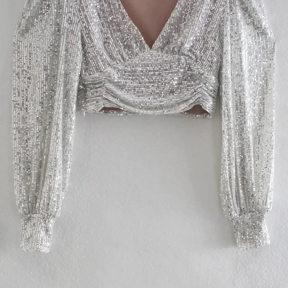 Top Paillettes Silber Langarm