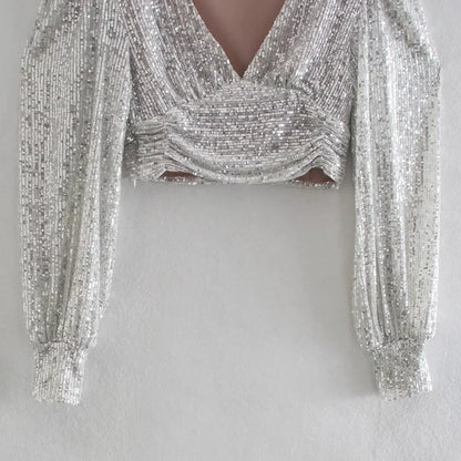 Top Paillettes Silber Langarm