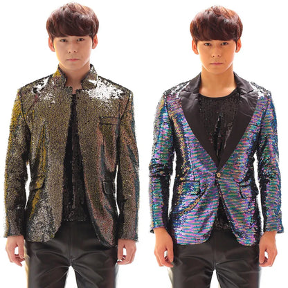 Herren Pailletten-Anzugjacke Mao-Kragen