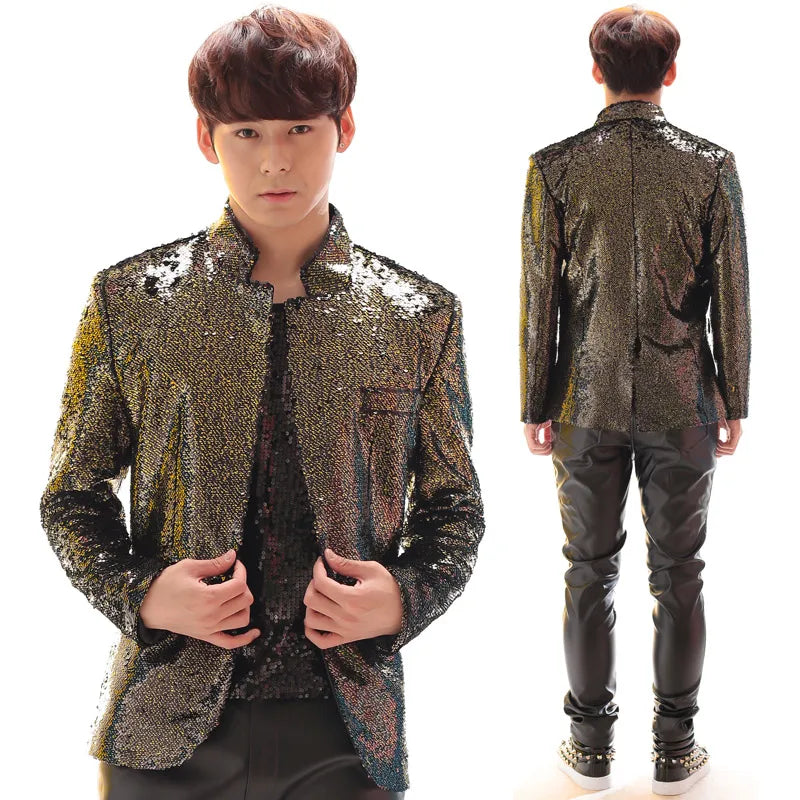 Herren Pailletten-Anzugjacke Mao-Kragen