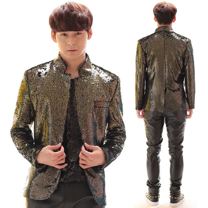 Herren Pailletten-Anzugjacke Mao-Kragen