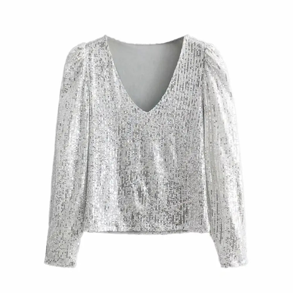 Top Paillettes Silber Langarm