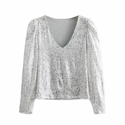 Top Paillettes Silber Langarm
