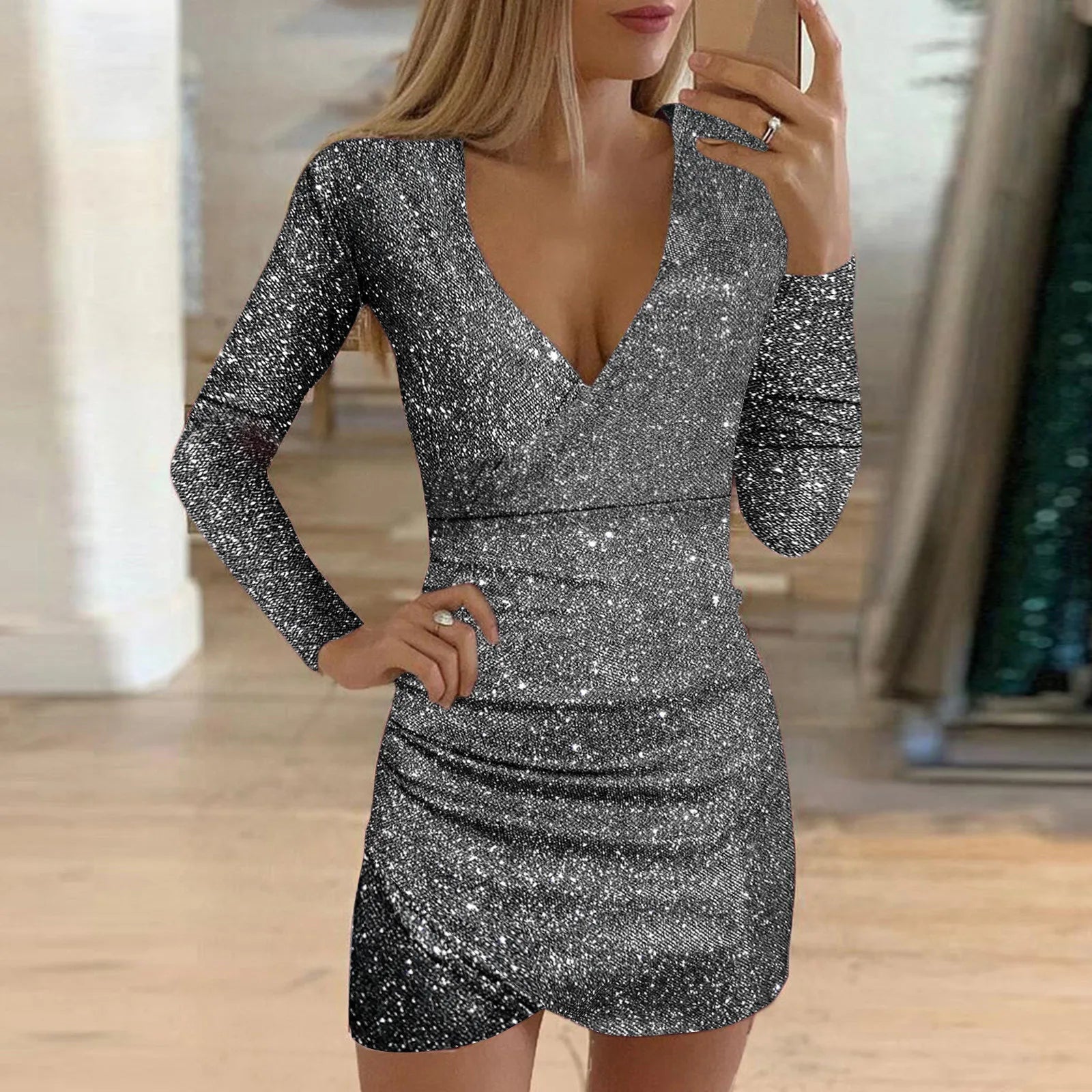 Pailletten Abendkleid mit V-Ausschnitt