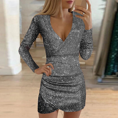 Pailletten Abendkleid mit V-Ausschnitt