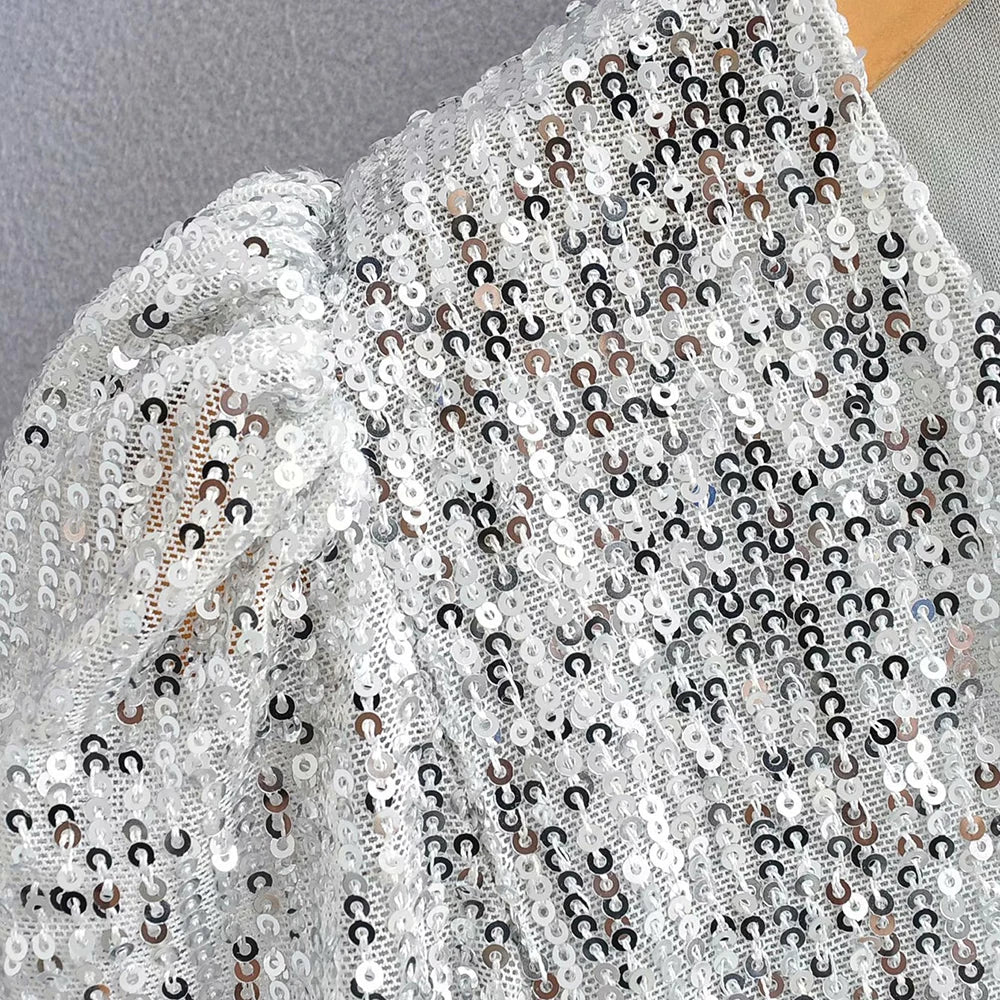 Top Paillettes Silber Langarm
