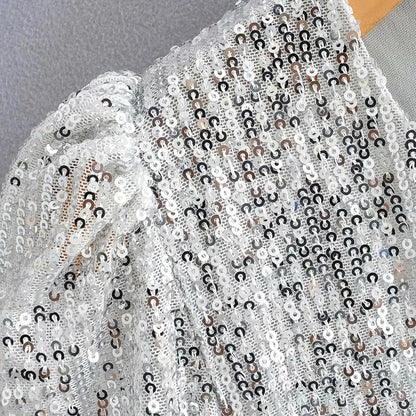 Top Paillettes Silber Langarm