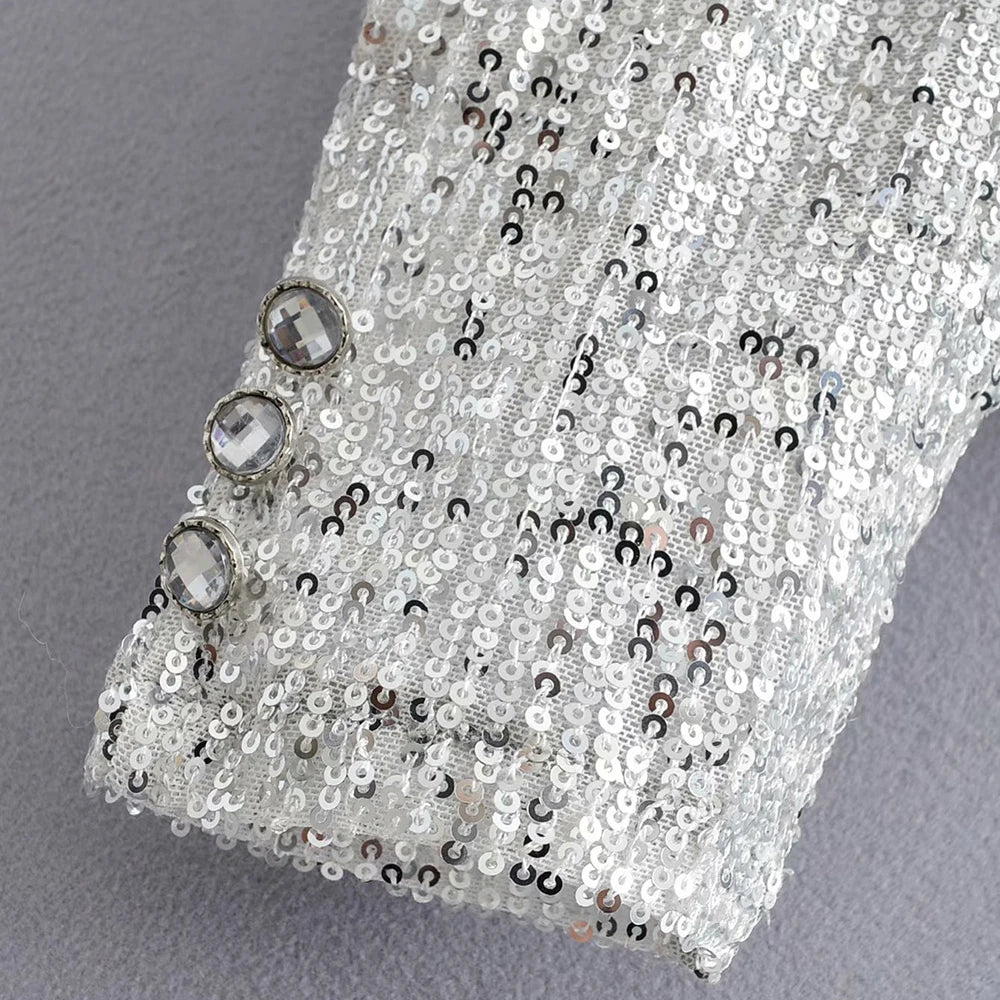 Top Paillettes Silber Langarm