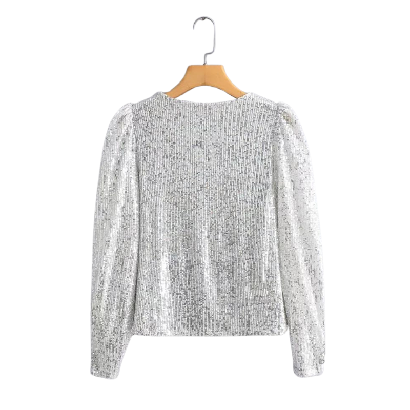 Top Paillettes Silber Langarm