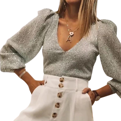Top Paillettes Silber Langarm