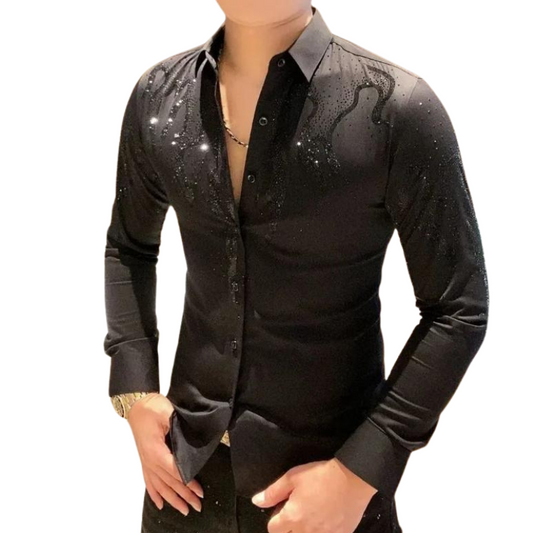 Herrenhemd mit Pailletten, Strass und Flammenmuster