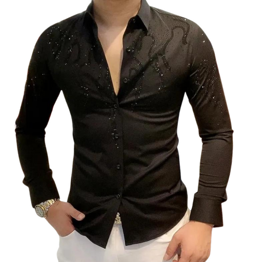 Herrenhemd mit Pailletten, Strass und Flammenmuster
