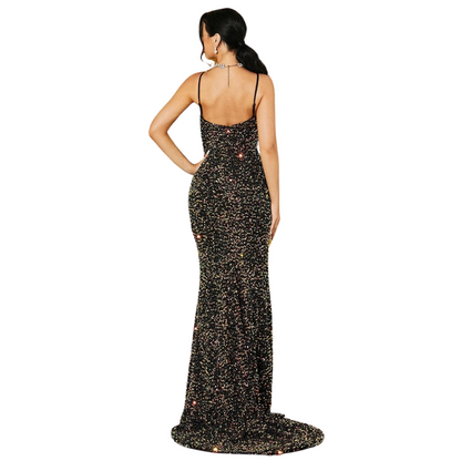 Lange schwarze Paillettenkleid mit bunten Akzenten