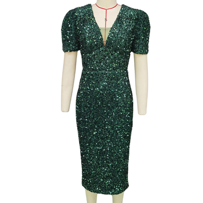 Grüne Pailletten-Kleid mit kurzen Ärmeln