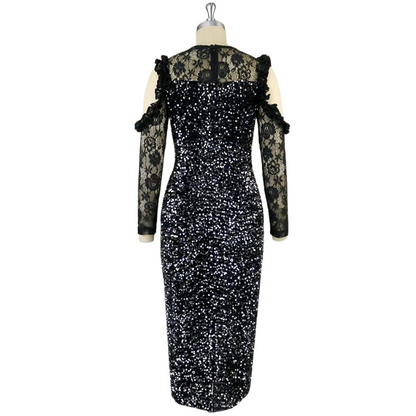 Schwarzes Pailletten-Kleid mit Spitzenärmeln