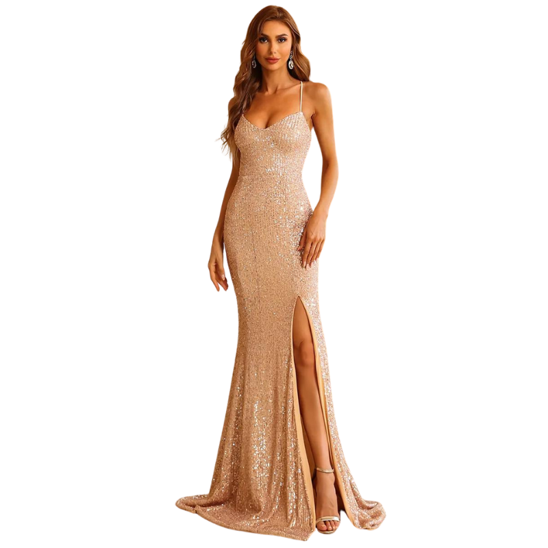 Abendkleid mit Pailletten, lang, mit Schlitz und Trägern