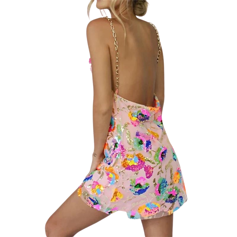 Paillettenkleid mit Rückenausschnitt Blumen Träger Kette