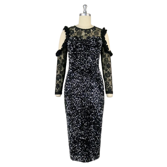 Schwarzes Pailletten-Kleid mit Spitzenärmeln